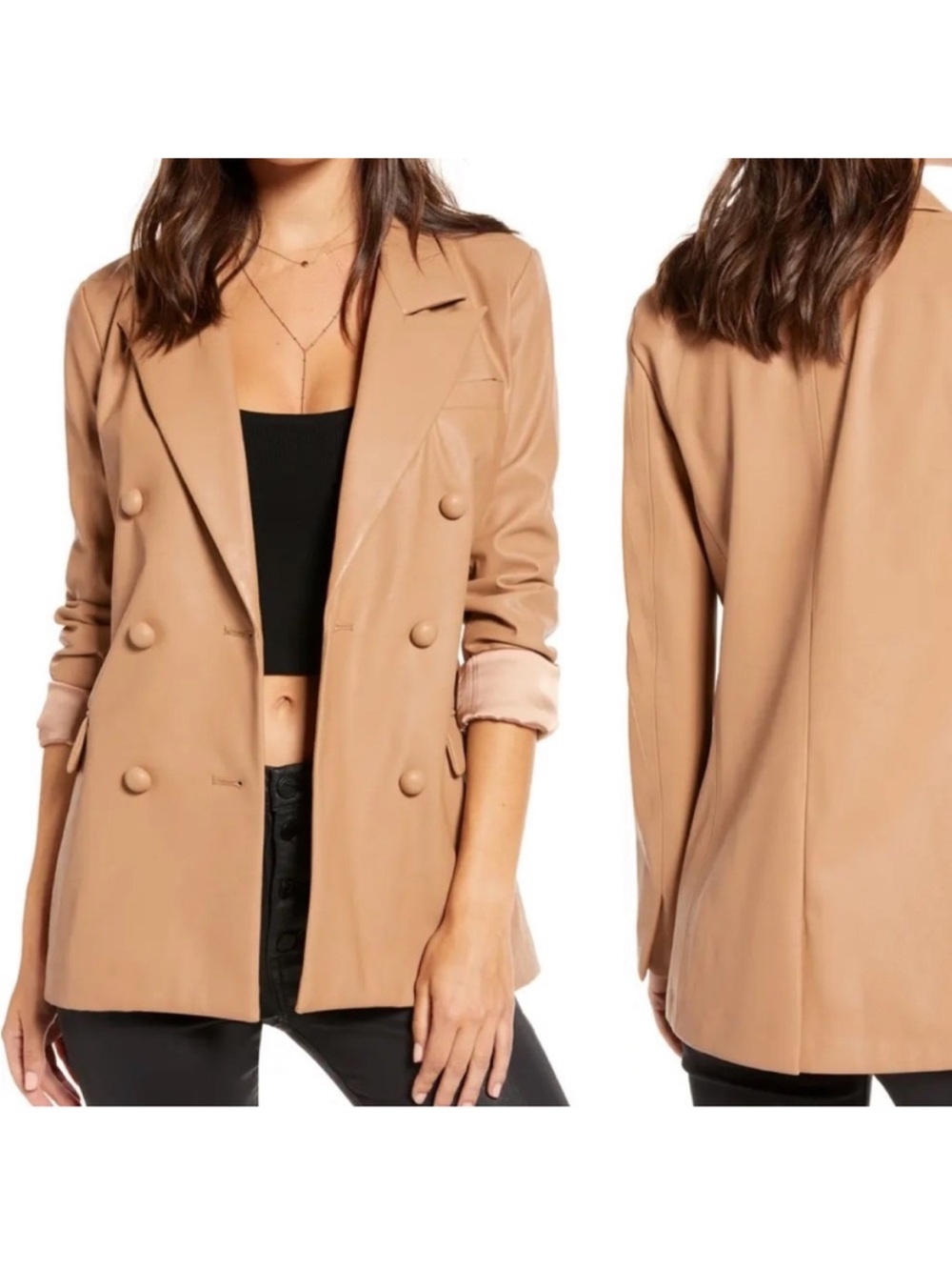 NWT Womens Faux Leather Tan Blazer Jacket